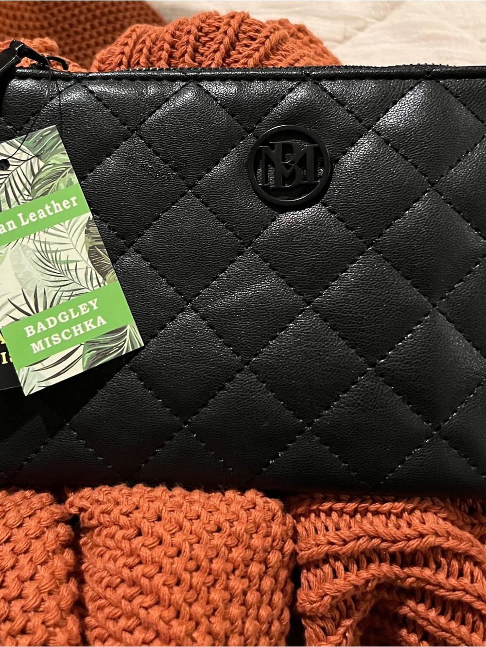 Badgley Mischka Black Quilted Leather Wristlet Clutch